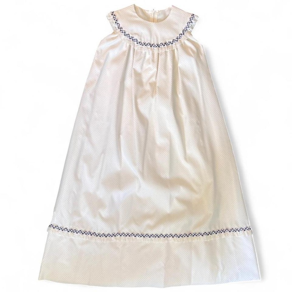 1970s Antique Vintage white bishop dress nightgown lace plaid embroidered girl 8